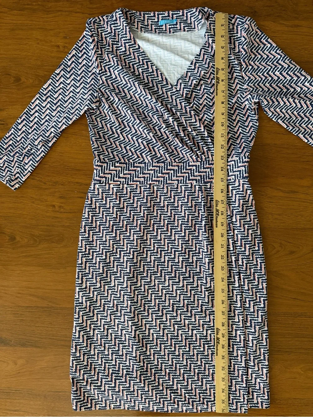 J McLaughlin Sz S Catalina Cloth Faux Wrap Dress 3/4 Sleeve Blue Red Stretch